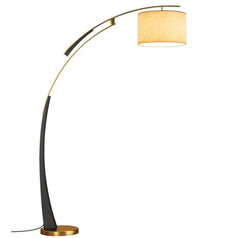 Lampa podłogowa łukowa z cylindrycznym abażurem z tkaniny