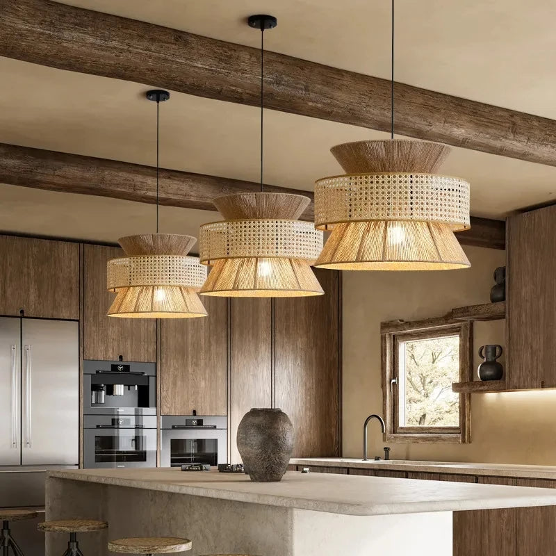 Lampa Wisząca Yudas Wabi Sabi z Rattanu - Asymetryczna Lampa do Salonu, Oświetlenie Nad Stół, Miękkie Światło LED 1