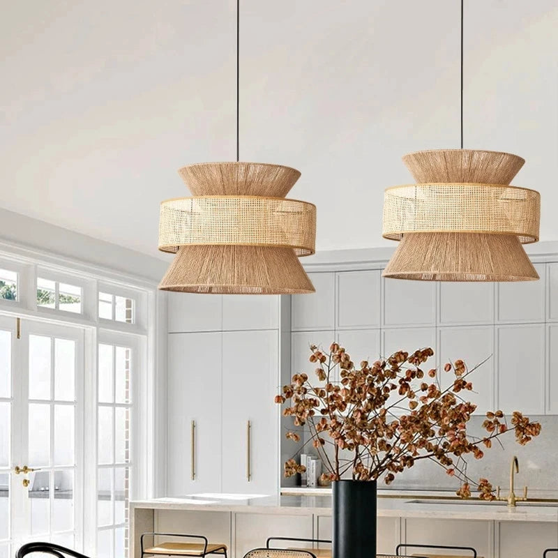 Lampa Wisząca Yudas Wabi Sabi z Rattanu - Asymetryczna Lampa do Salonu, Oświetlenie Nad Stół, Miękkie Światło LED 2