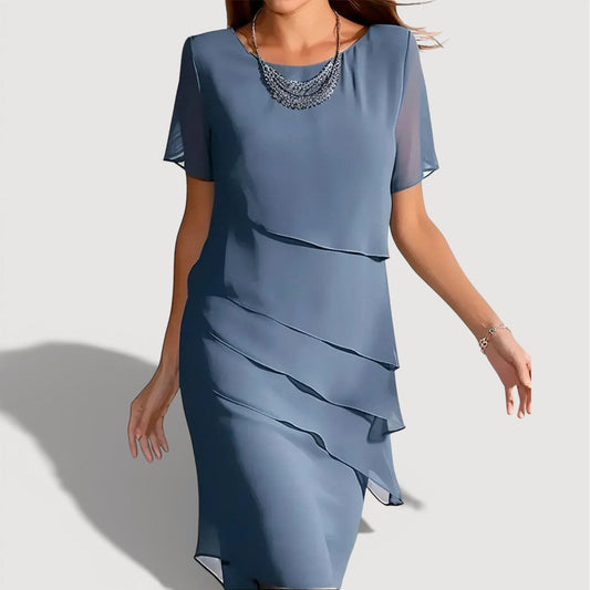 Layered Midi Dress Soft Blue Elegant Design with Short Sleeves