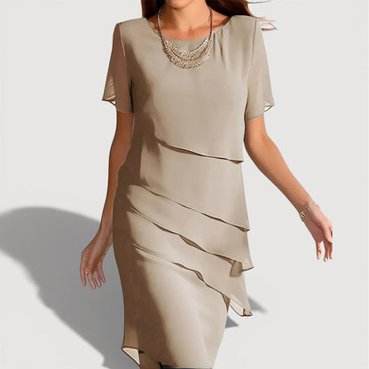 Layered Midi Dress Soft Blue Elegant Design with Short Sleeves