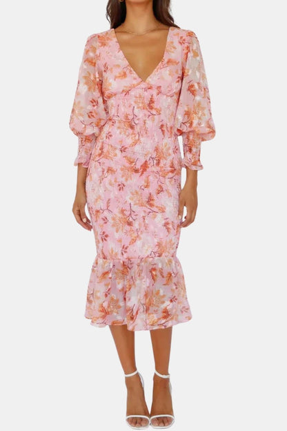 Leilanie - Elegant Floral Print Midi Dress
