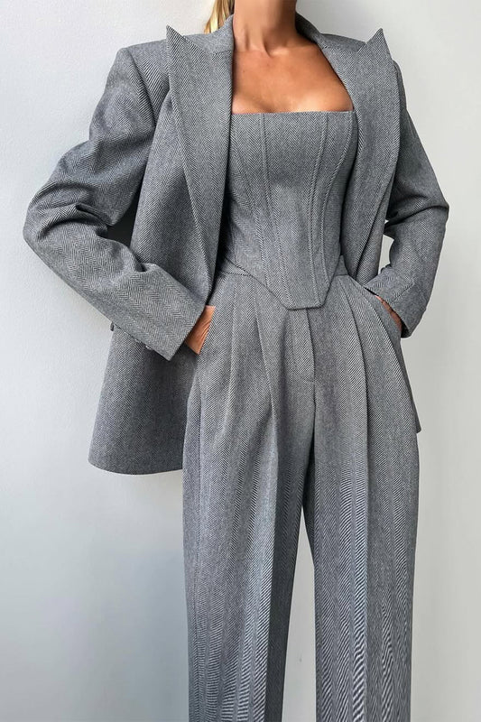 Lisa | Garnitur Damski Komplet – Elegancka Marynarka Gorsetowy Top Szerokie Nogawki