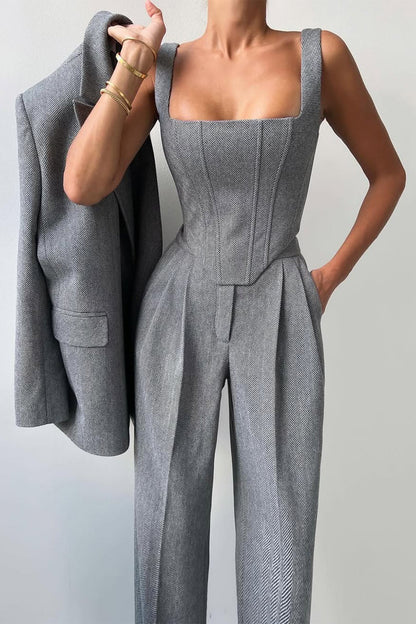 Lisa | Garnitur Damski Komplet – Elegancka Marynarka Gorsetowy Top Szerokie Nogawki