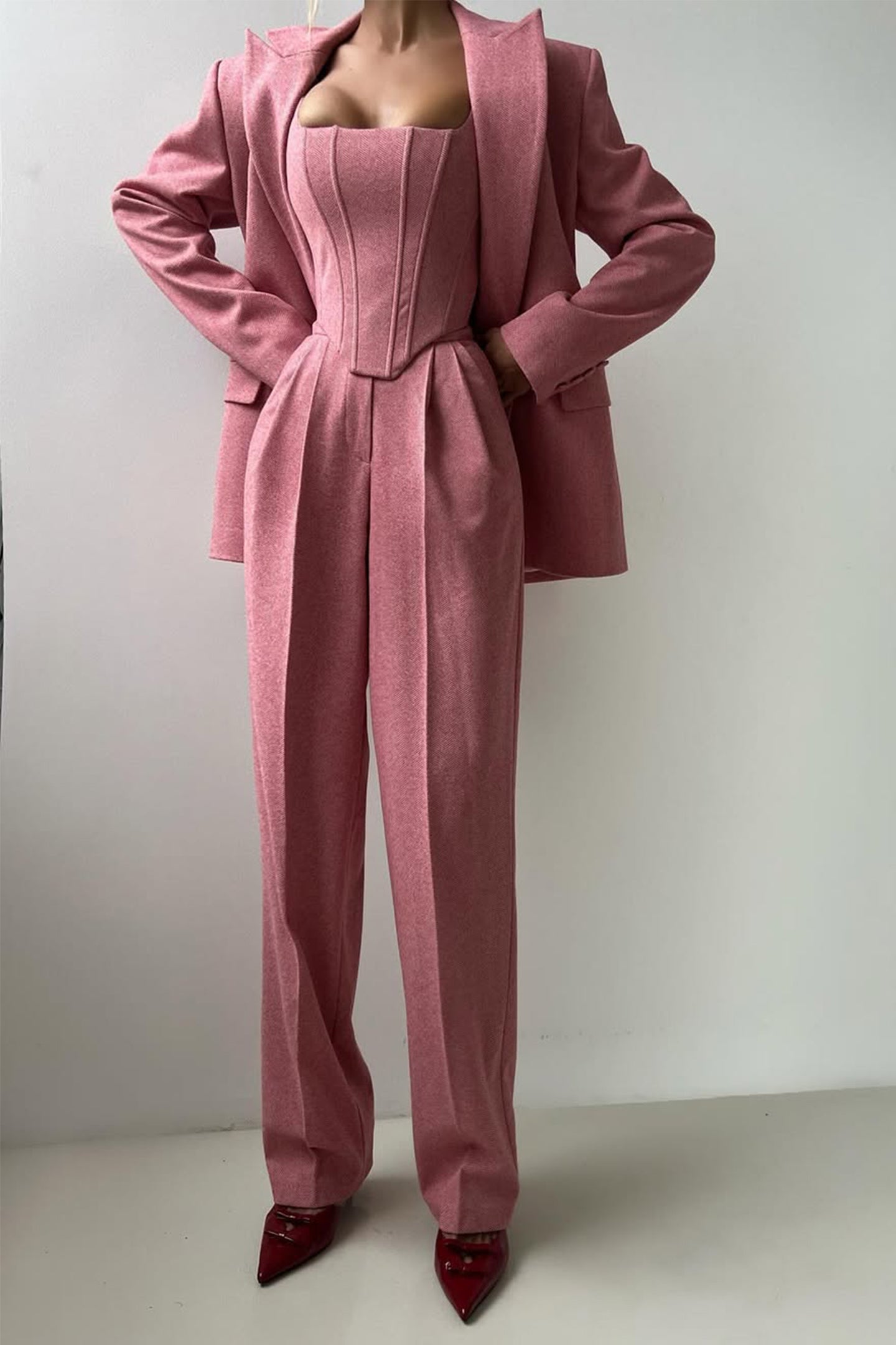 Lisa | Garnitur Damski Komplet – Elegancka Marynarka Gorsetowy Top Szerokie Nogawki