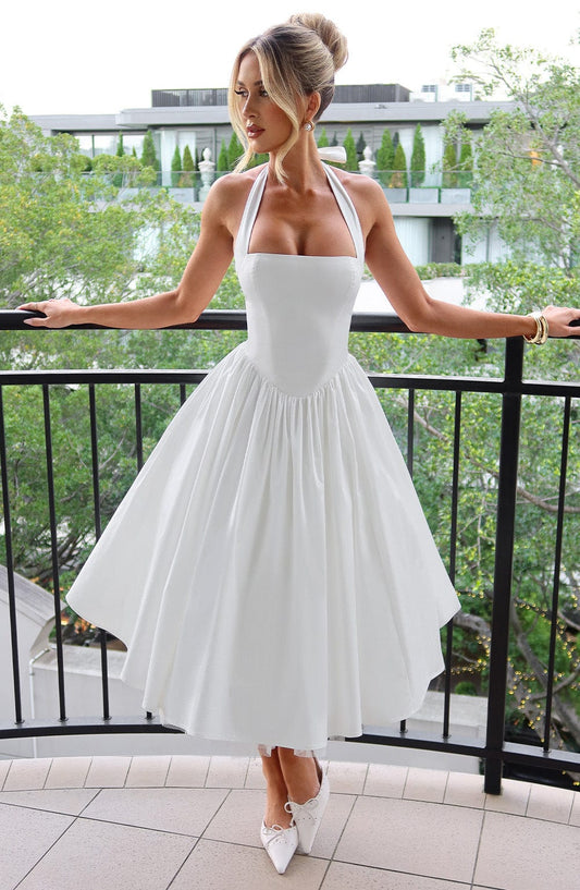 Lena | Sukienka midi na wesele – Elegancka sukienka koktajlowa z dekoltem halter