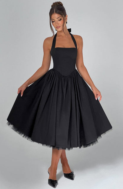 Lena | Sukienka midi na wesele – Elegancka sukienka koktajlowa z dekoltem halter