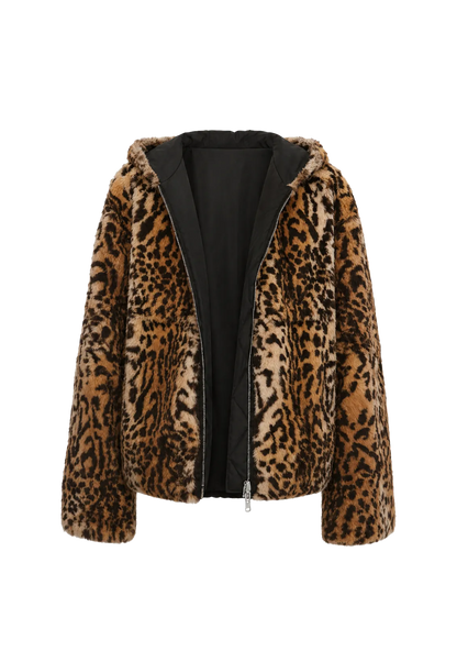 "Leopard Fantasy" Leopard Spot Print Reversible Drop Shoulder Hooded Custom Rabbit Fur Coat