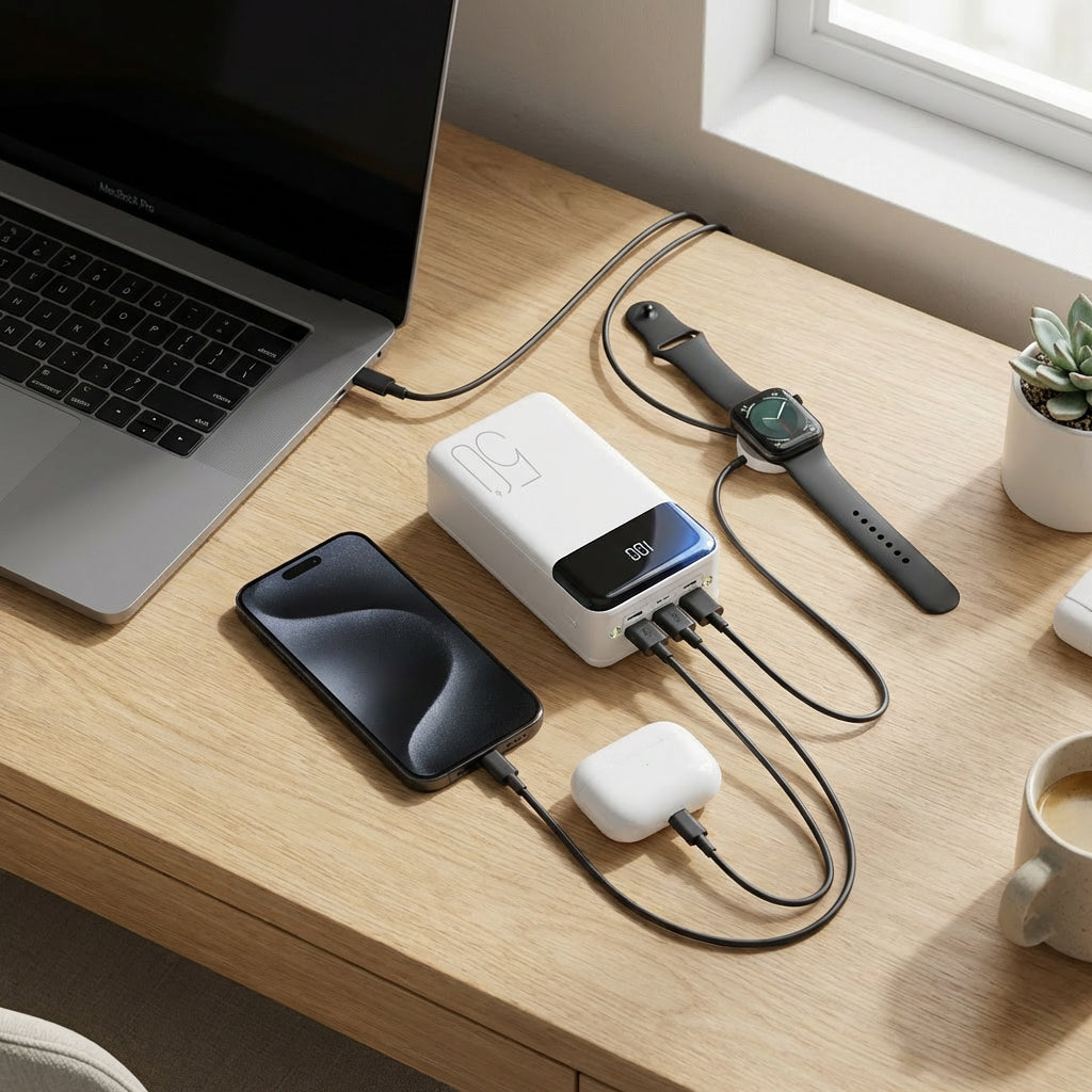 White High-Capacity Power Bank With Built-In LED Lights Lifestyle - Desktop Multi Device Charging - Jurni