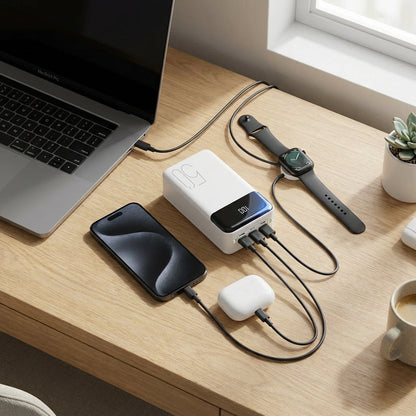 White High-Capacity Power Bank With Built-In LED Lights Lifestyle - Desktop Multi Device Charging - Jurni