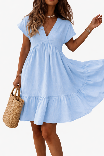 Women's V-Neck Tiered Midi Dress with Flutter Sleeves