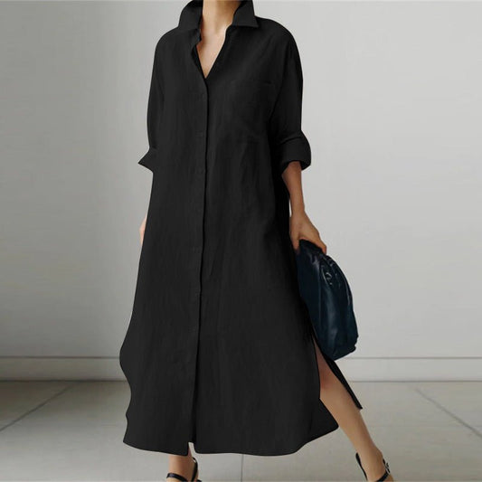 Light blue linen shirt dress with a relaxed fit and button-down front, perfect for casual summer outings. 0