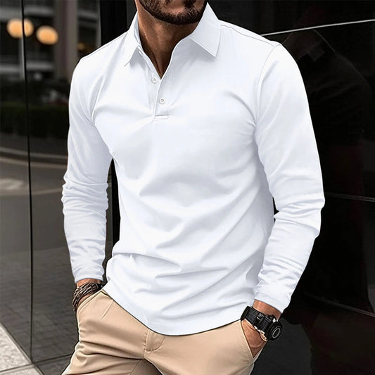 Long-sleeved Polo Shirt With Button Placket For Men