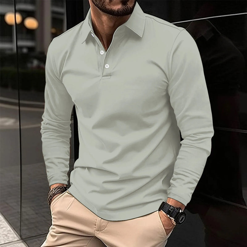 Long-sleeved Polo Shirt With Button Placket For Men