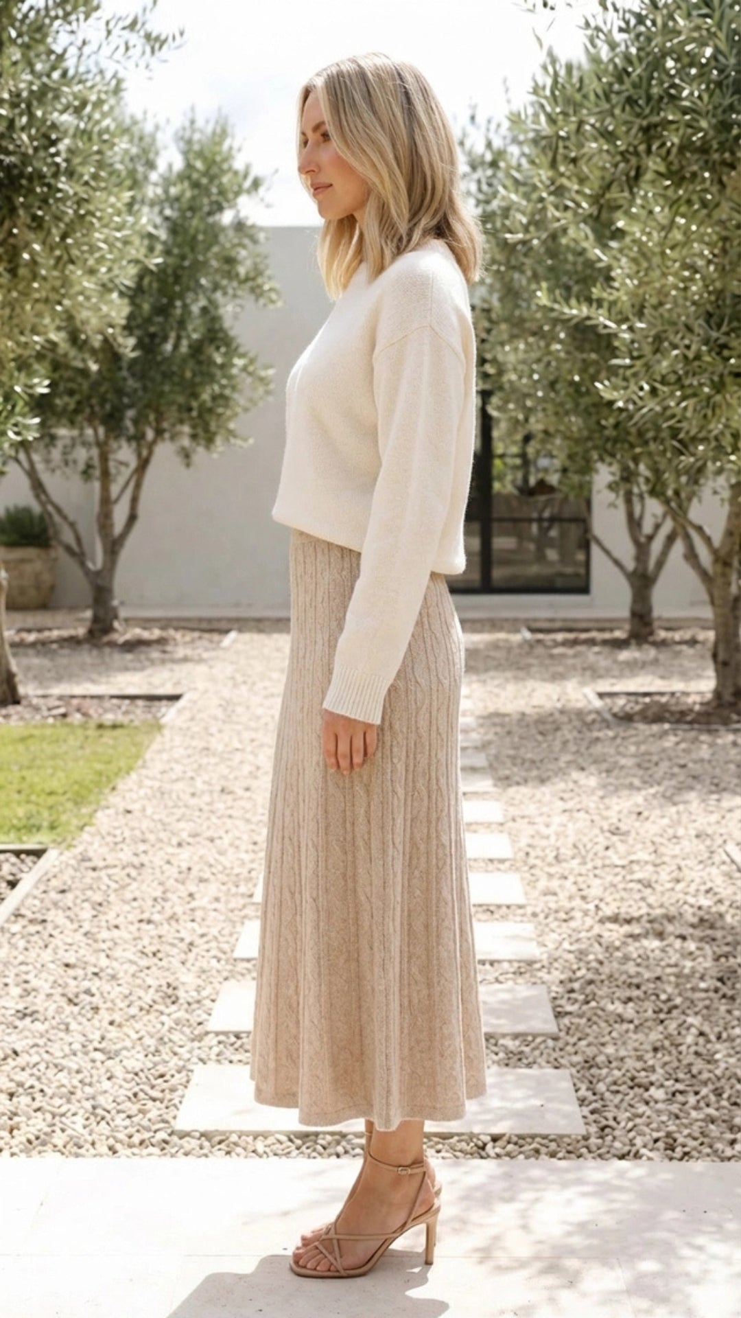 Women's Midi Knit Skirt A Line Elastic Waist