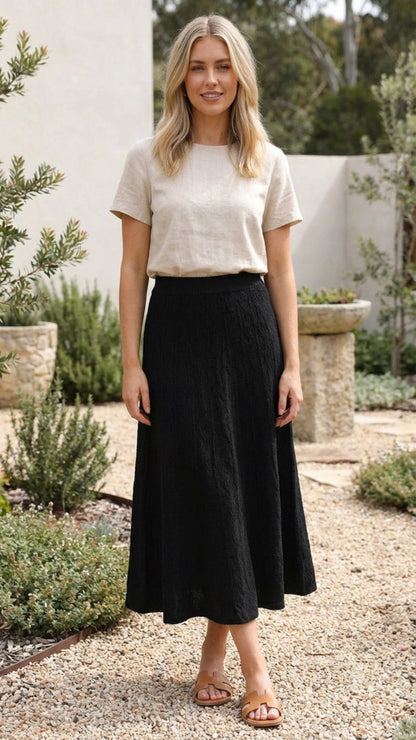 Women's Midi Knit Skirt A Line Elastic Waist