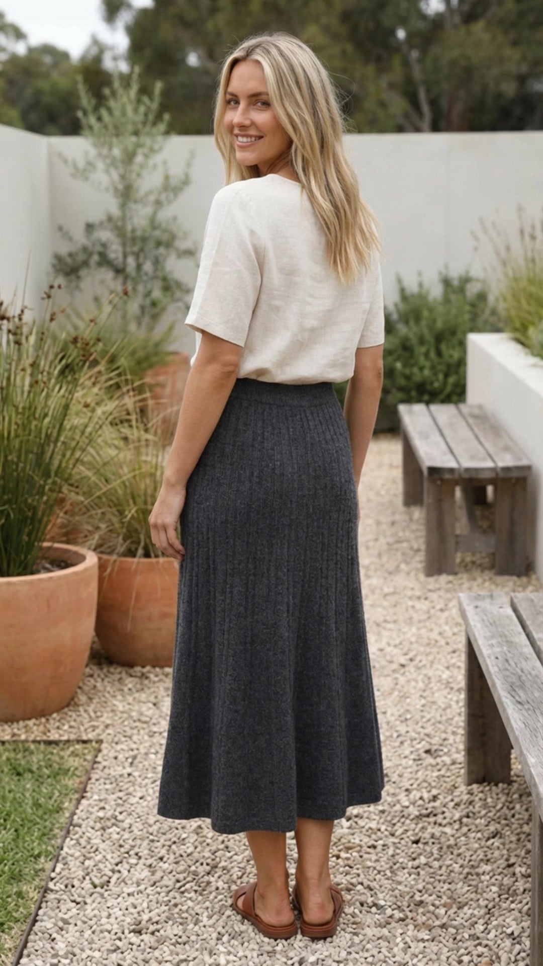 Women's Midi Knit Skirt A Line Elastic Waist