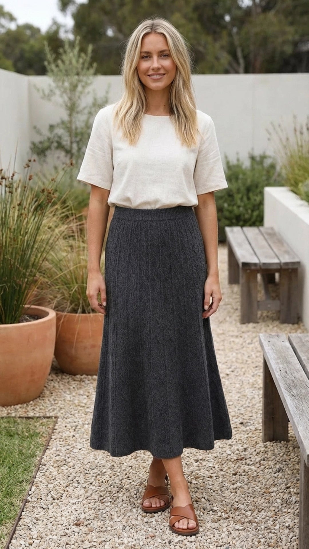 Women's Midi Knit Skirt A Line Elastic Waist