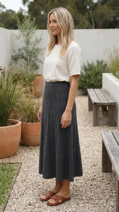Women's Midi Knit Skirt A Line Elastic Waist