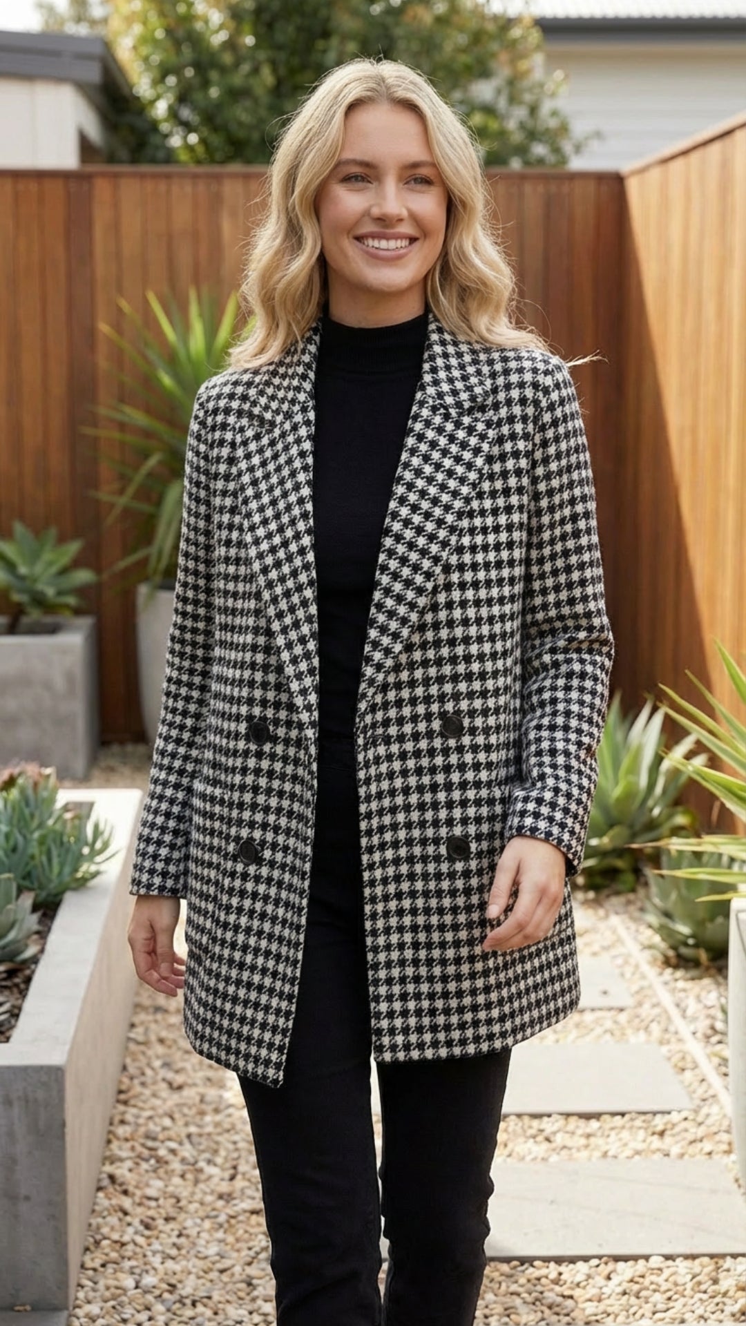 Women’s Checkered Double Breasted Long Blazer Jacket