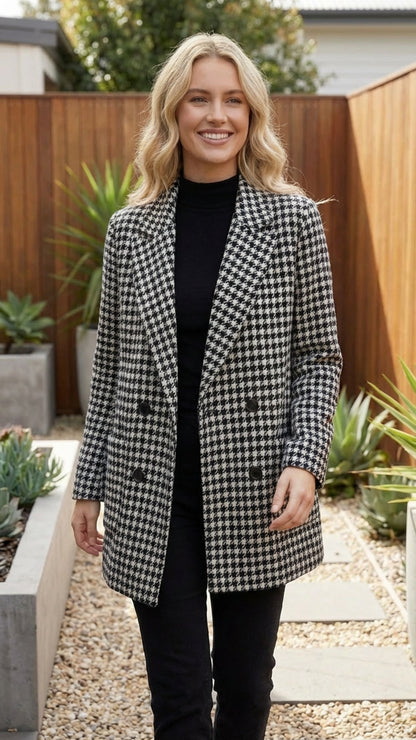 Women’s Checkered Double Breasted Long Blazer Jacket
