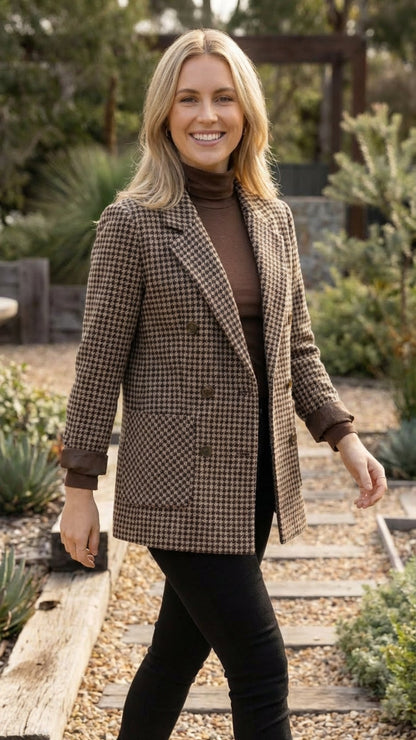 Women’s Checkered Double Breasted Long Blazer Jacket