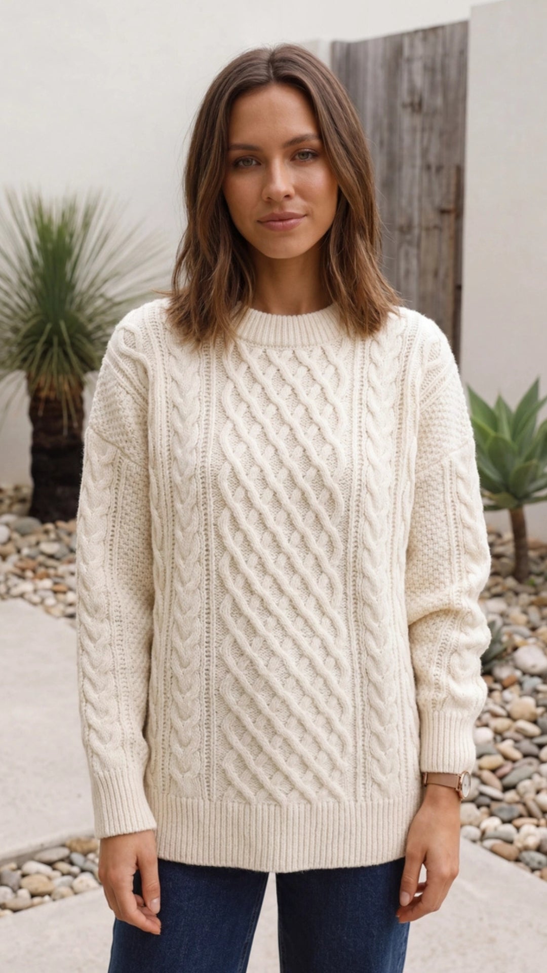 Women's Cable Knit Crew Neck Sweater Pullover