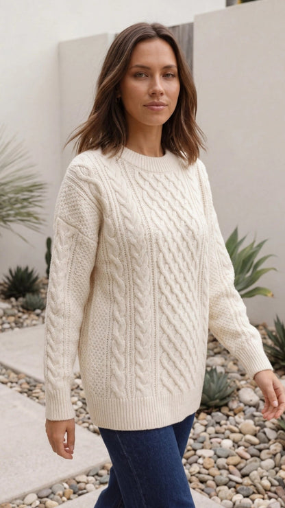 Women's Cable Knit Crew Neck Sweater Pullover