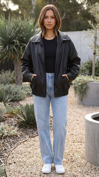 Women's Oversized Faux Leather Bomber Jacket With Zip