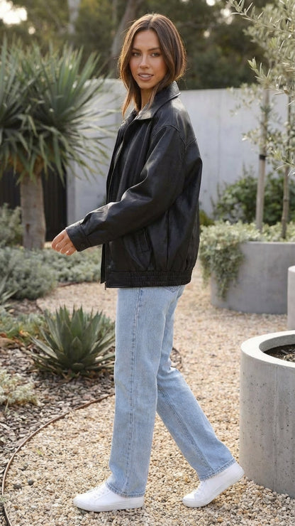 Women's Oversized Faux Leather Bomber Jacket With Zip