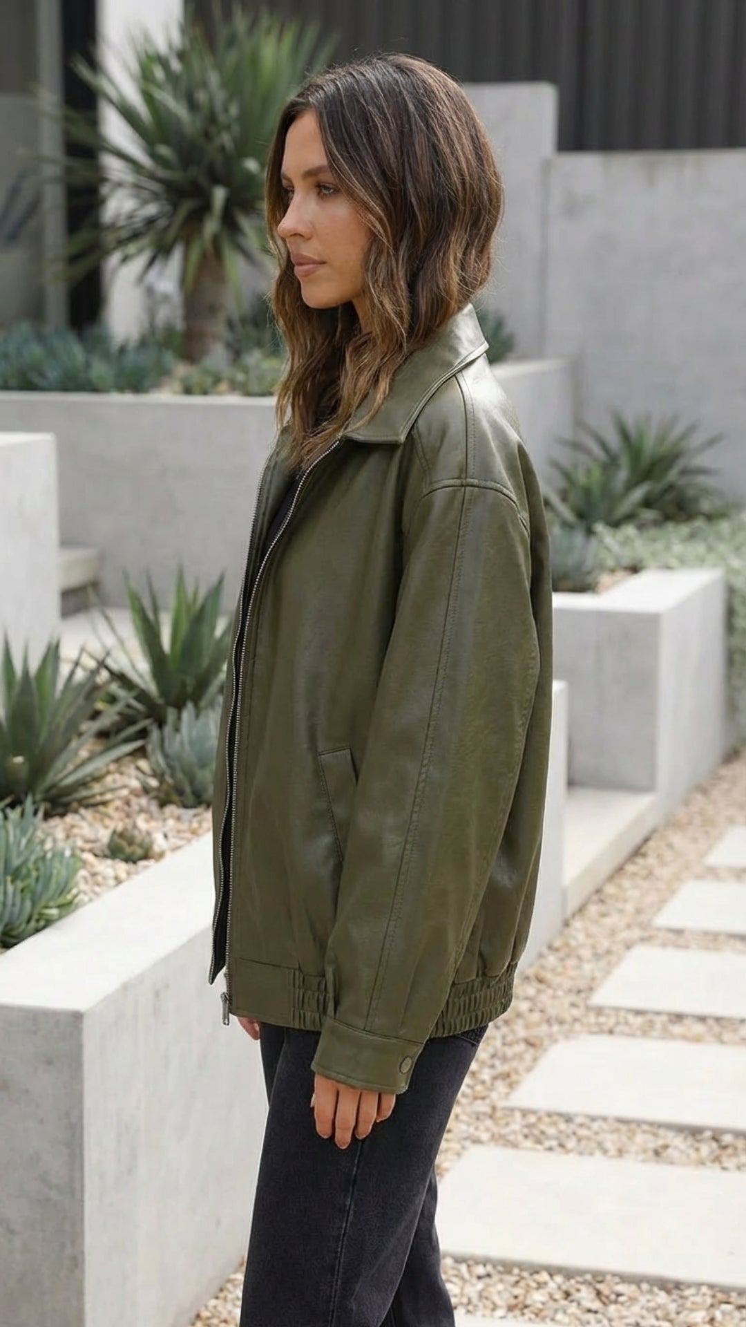 Women's Oversized Faux Leather Bomber Jacket With Zip