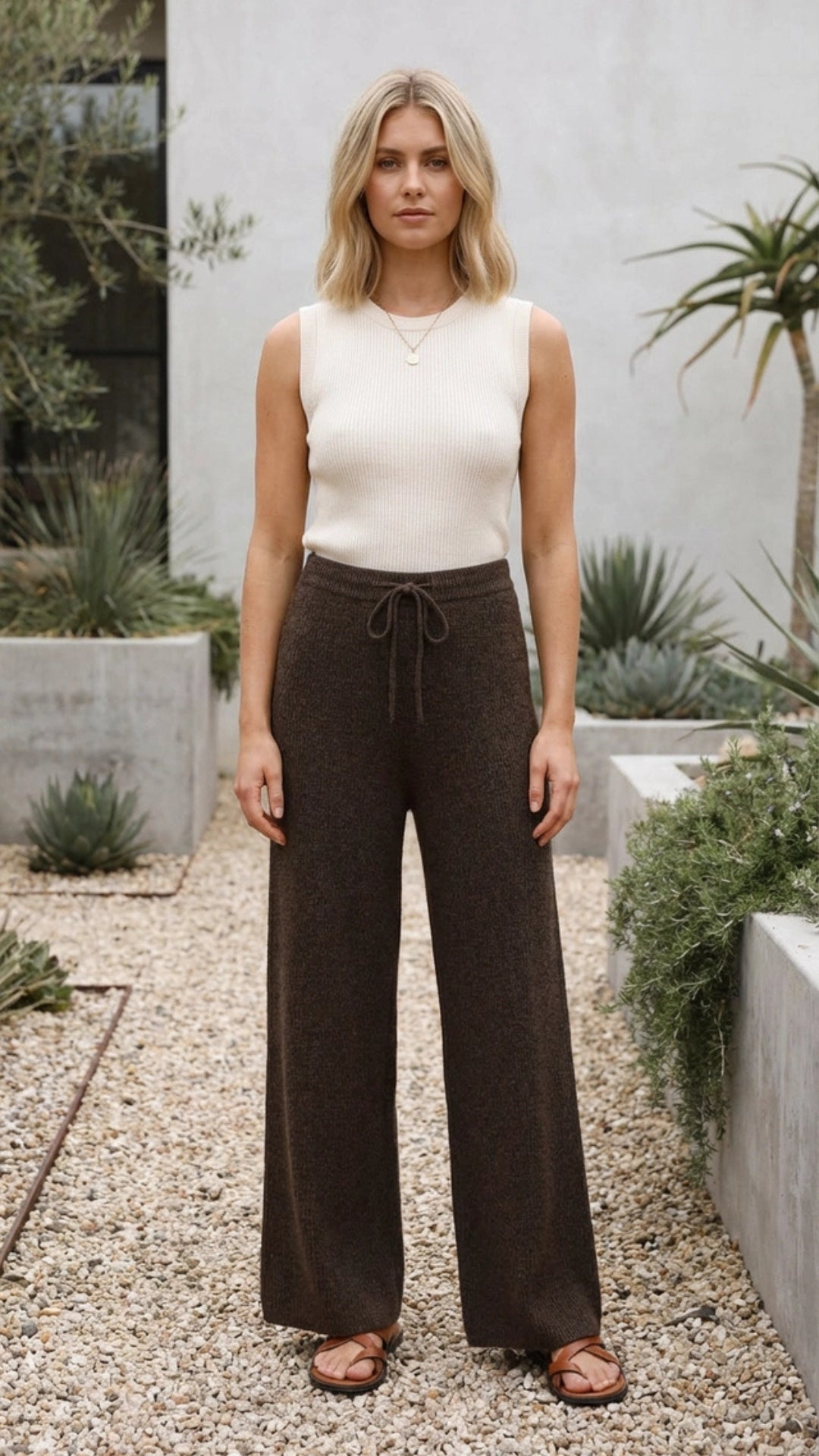 Women's Wide Leg Knit Pants with Elastic Waist Drawstring