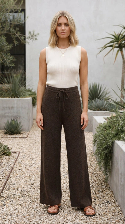 Women's Wide Leg Knit Pants with Elastic Waist Drawstring