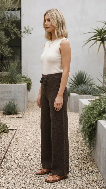Women's Wide Leg Knit Pants with Elastic Waist Drawstring