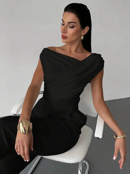Women's Elegant Draped Shoulder Top with Subtle Cross Detail
