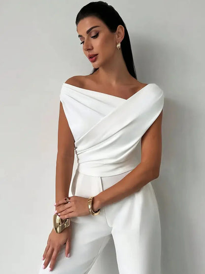 Women's Elegant Draped Shoulder Top with Subtle Cross Detail