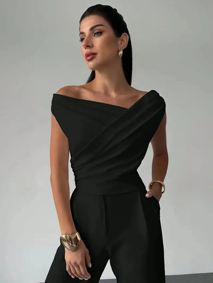 Women's Elegant Draped Shoulder Top with Subtle Cross Detail