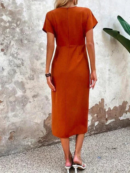 Women’s Rust Wrap Midi Dress – Elegant V-Neck Side Slit Evening Dress