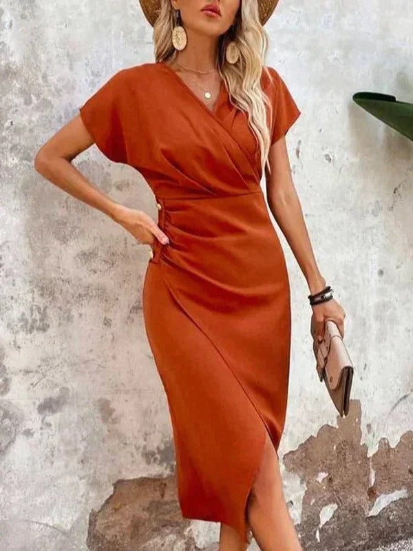 Women’s Rust Wrap Midi Dress – Elegant V-Neck Side Slit Evening Dress