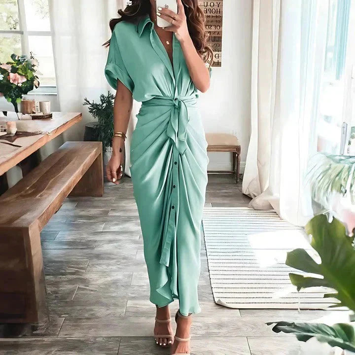Women's Wedding Guest Collared V Neck Midi Dress