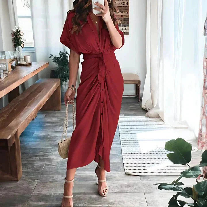 Women's Wedding Guest Collared V Neck Midi Dress