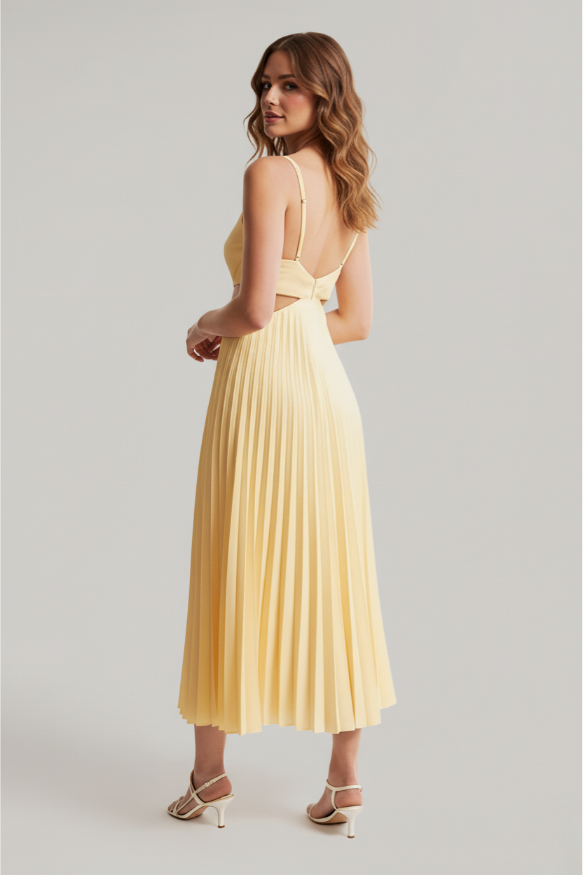 Women's Sleeveless V-Neck Pleated Wedding Guest Dress | Midi