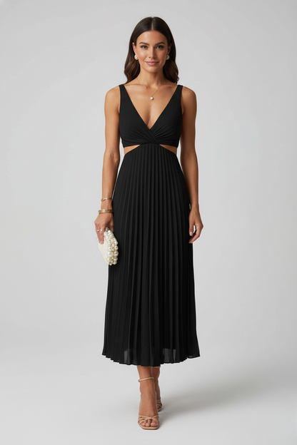 Women's Sleeveless V-Neck Pleated Wedding Guest Dress | Midi