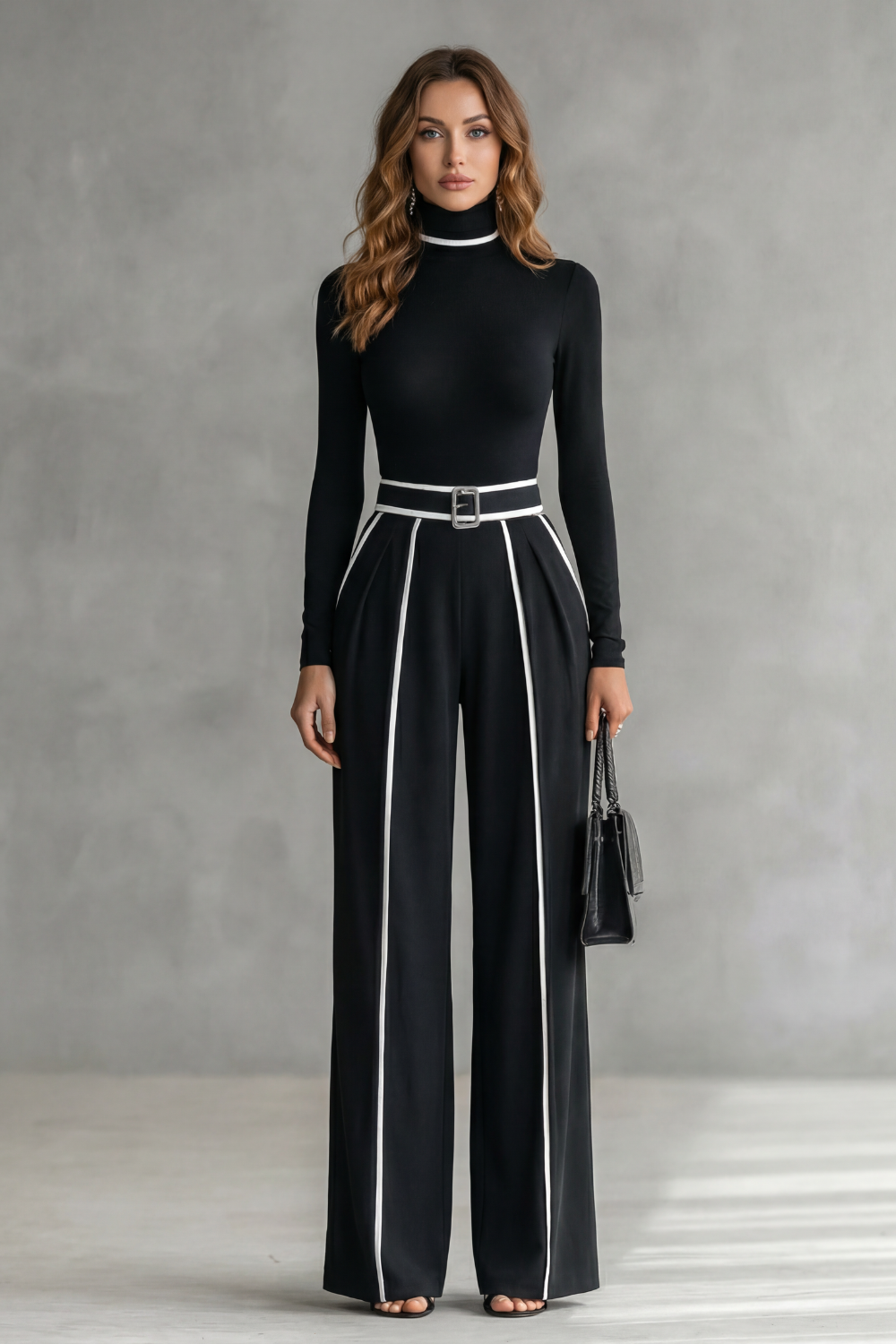 Lunaira – Contrast piping detail – High-neck jumpsuit