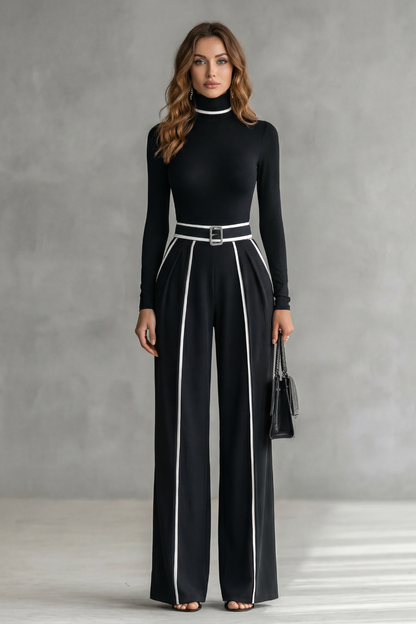 Lunaira – Contrast piping detail – High-neck jumpsuit