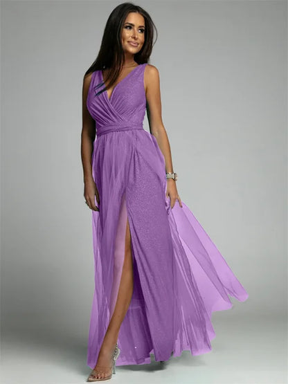 Robe de soirée de luxe pour femme, en tulle et fente