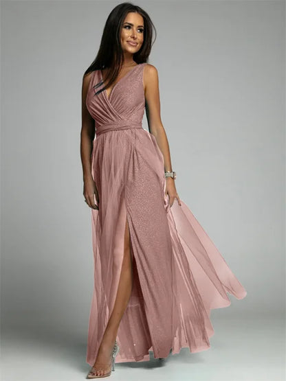 Robe de soirée de luxe pour femme, en tulle et fente