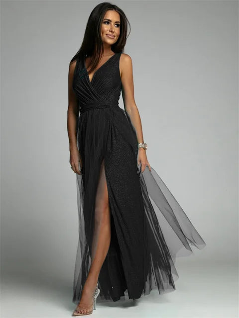 Robe de soirée de luxe pour femme, en tulle et fente