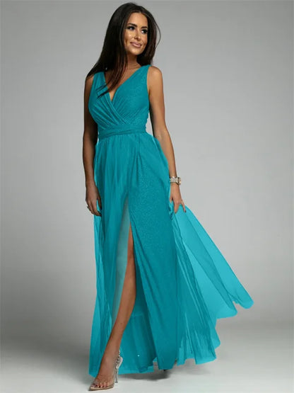 Robe de soirée de luxe pour femme, en tulle et fente
