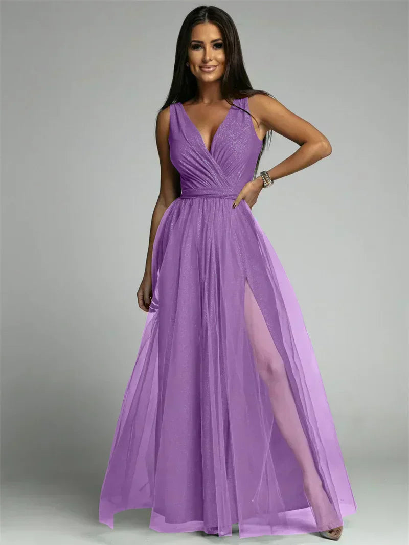 Robe de soirée de luxe pour femme, en tulle et fente